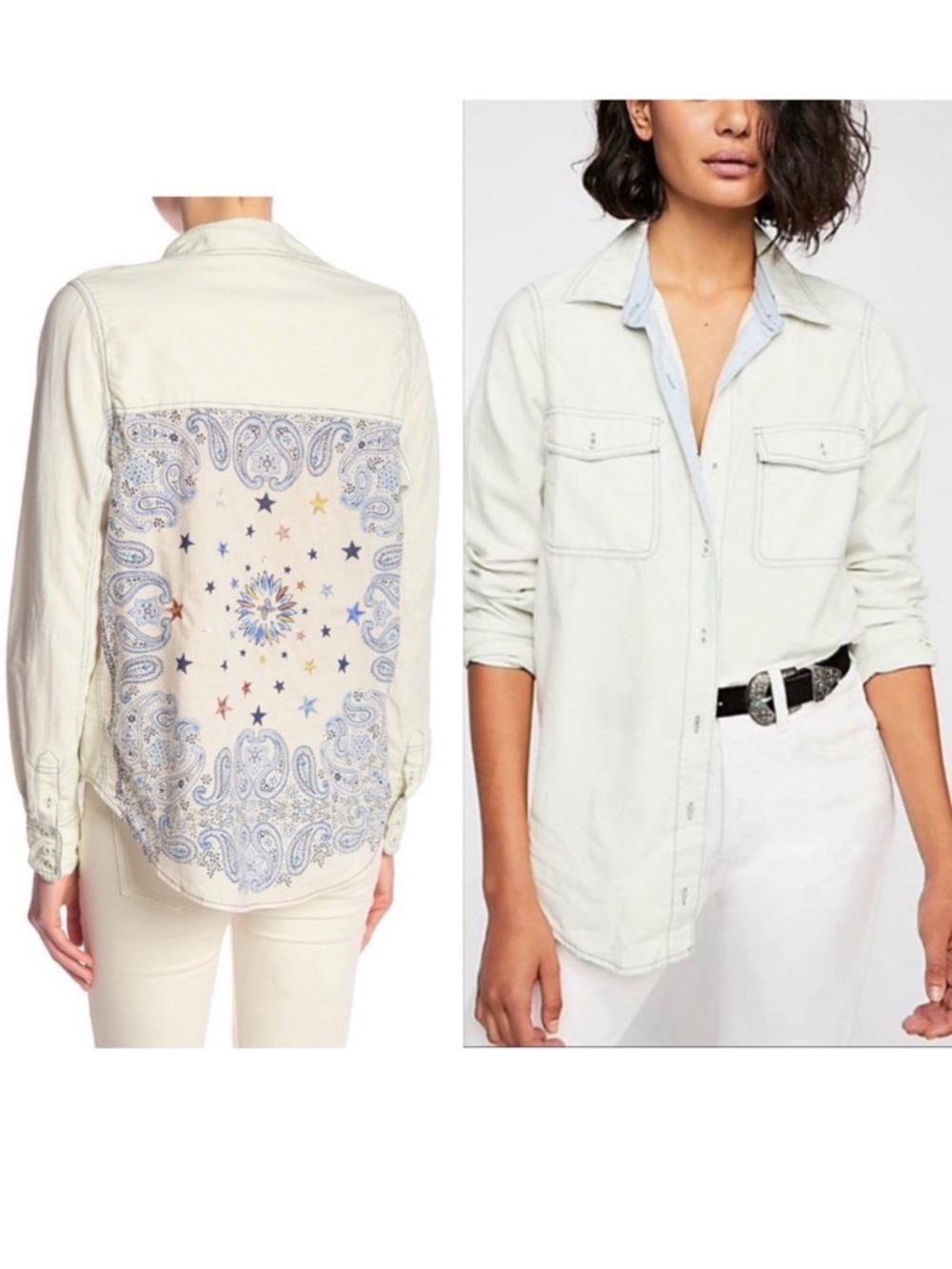 Free People Bandana Bandit Hemp Cotton Denim Button Down Shirt Blue Small EUC